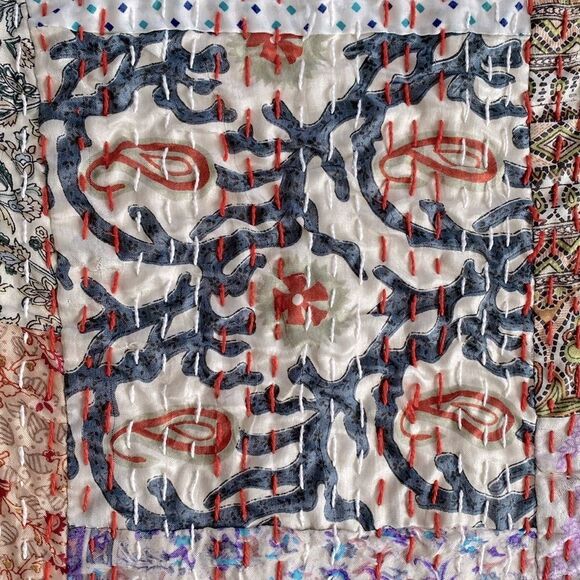 Kantha Silk Blend Throw Blanket Patchwork Quilt Multicolor  66” x 86” - Picture 11 of 12